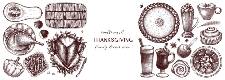 Thanksgiving dinner banner. Fall food and drinks trendy frame design. Vintage turkey, vegetables, pies, and hot drinks sketches. Vector autumn food template. Thanksgiving background in engraved style